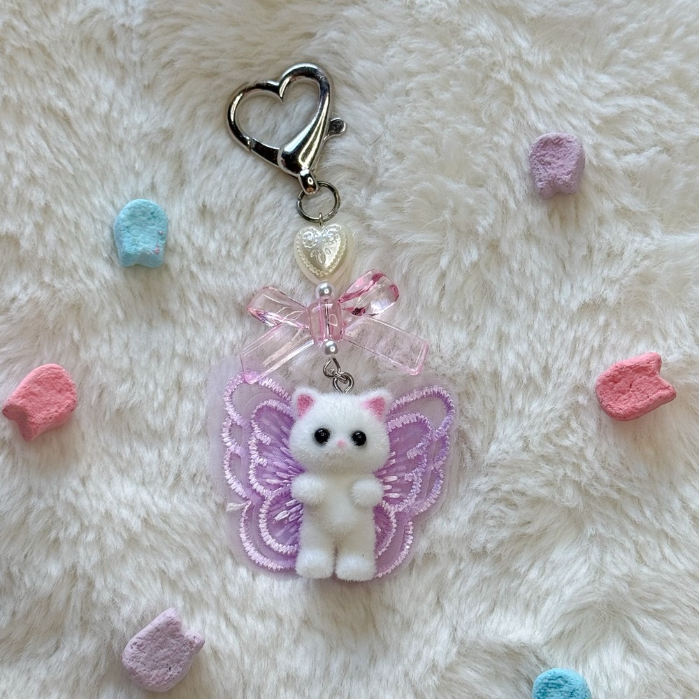 Calico Critters Inspired Dainty Butterfly Cat Keychain (White, Black, or Grey)